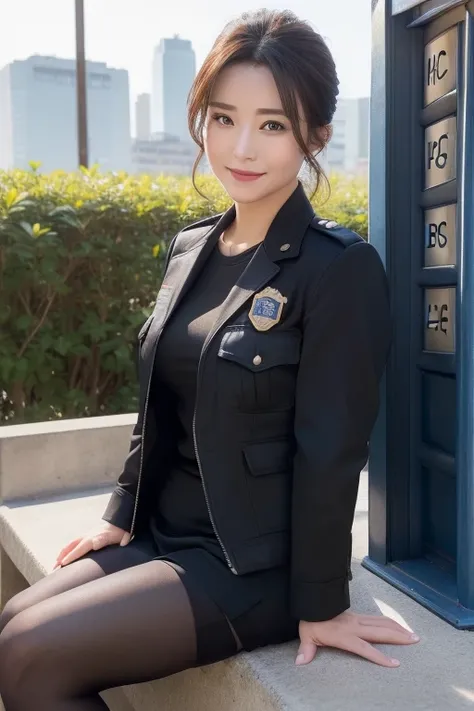 ((Highest quality, 8k, masterpiece, Portraiture: 1.3)), (Looking at the audience), (Full Shot:0.85), 魅力的なMature Woman, 1 person, A little thick:0.35,Random hairstyle in brown color、((Female police officer)),((Big 2.3)) (Large pelvis:0.8), ((Sitting)), smil...