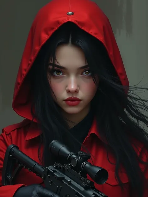 (best quality,4k,8k,highres,masterpiece:1.2),ultra-detailed,(realistic,photorealistic,photo-realistic:1.37),1girl,military uniform,red hooded military uniform,black beret,sniper rifle,long black hair,pointy eyes,strict personality,detailed eyes,detailed li...