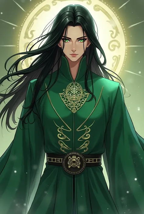 Make a murim manhwa character, with long black hair, the pupil of your eye is green, he has a devastating look, He is wearing a green cloak with white and gold details, He is an immortal and beautiful being with the appearance of a 20,000 year old man.. I ...