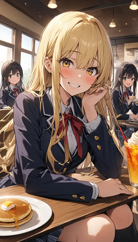 Two Women、Sisters、beautiful girl、Cafe、Sit on a chair、Cafeオレを両手で持つ、Drink through a straw、Pancakes on the table、high school girl、Cafeテリア、目を閉じてsmile、smile、Blazer uniform、Pleated skirt、Black knee-high socks、Long Hair、Highest quality、Ultra HD、Black Hair、There a...