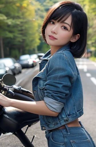 A beautiful 1950s-style Japanese cafe racer girl with short, natural black hair and incredibly delicate facial features, wearing a worn leather jacket, ripped denim pants, vintage motorcycle boots, and riding a sleek and detailed motorcycle with a nostalgi...