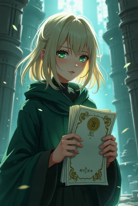 Create a girl in the world of jujutsu kasen with light blonde hair and green eyes, with the report from the school of sorcery 