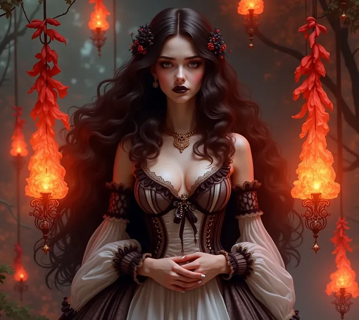 (masterpiece:1.2), (best quality:1.2), perfect eyes, perfect face, perfect lighting, 1girl, mature female gothgal standing with her hands in front, long hair, intricate hairdo, makeup, black lips, thick eyelashes, sad, melancholy, wearing a gothgal outfit,...