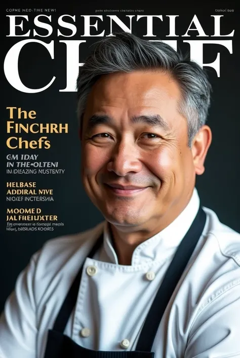 Make a restaurant magazine cover with the title essential chef the magazine title has to be essential chef keep this style but change the title