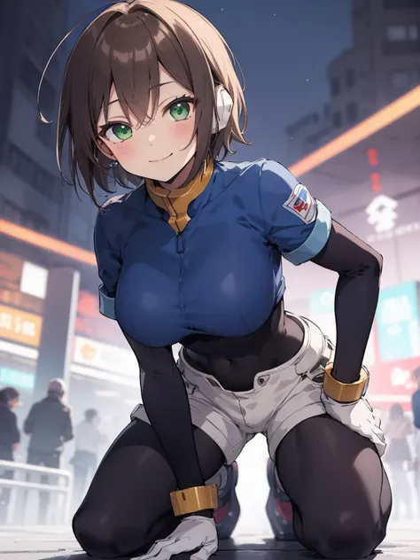 aile_megamanzx, kneeling with hands on the ground and , 1girl, solo, short hair, brown hair, short sleeves, (bodysuit), robot ea...