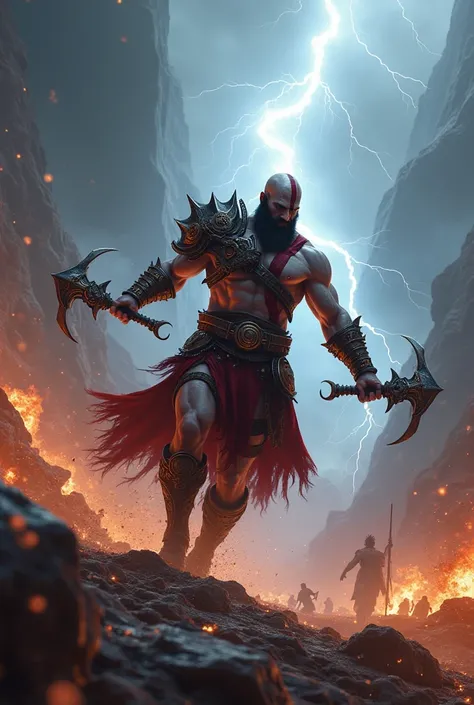 The character Kratos from the video game God of War fighting fiercely in a battle against all the gods of Greece