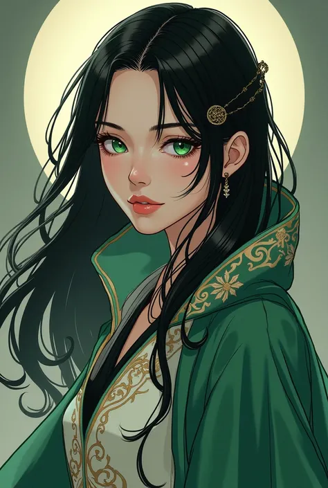 Make a murim manhwa character, with long black hair, the pupil of your eye is green, he has a devastating look, He is wearing a green cloak with white and gold details, He is an immortal and beautiful being with the appearance of a 30 year old woman. I don...