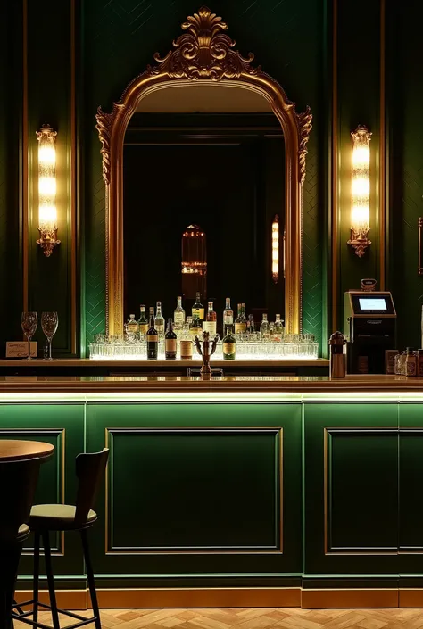 Can you show me a bar, which is kept in the style of the 1980s. dark light, golden simple details, dark green herringbone tiles on the wall. A large mirror. 