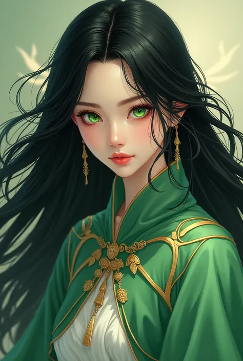 Make a murim manhwa character, with long black hair, the pupil of your eye is green, he has a devastating look, He is wearing a green cloak with white and gold details, He is an immortal and beautiful being with the appearance of a 30 year old woman. I don...