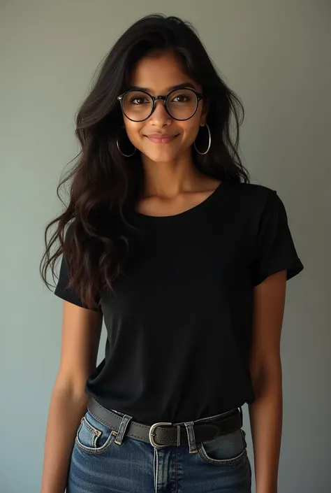 Indiana gril Gujarati show hot and beautiful 
and white smile face  girl 18 year jins black and t-shirt black and glass black face white  hot and sexi pose full body 