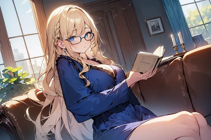 (Masterpiece, Top quality:1.5), (1 beautiful girl, solo:1.2), (short height:1.3), Long Hair, blonde:1.2, Braided hair, Wavy Hair, profile, (sitting on the sofa, reading a book), Black glasses, (Ample breasts:1.1), cleavage ,beautiful scene of living room, ...