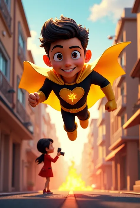 Make a Pixar style poster with the title of "StarHeart "Marco Rose, a 20-year-old man with superhuman abilities, super strength, flight, speed and energy recharge, One day he intervenes in a robbery of Elena Reyes, A reporter passing by an alley, Elena is ...