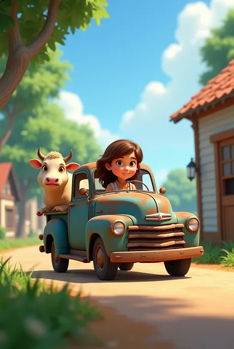 Pixar style image of a brown haired, brown eyed girl returning to her country home in her country pickup truck with her cow, blue sky and green patio in the background 