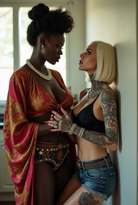 Dark skinned vampire in colourful caftan, big pearl necklace, top bun, pinning  her white girlfriend against the wall of a modern kitchen, scolding the white girlfriend, grabbing the wrists of the white girlfriend. The white girlfriend is platinum blonde (...