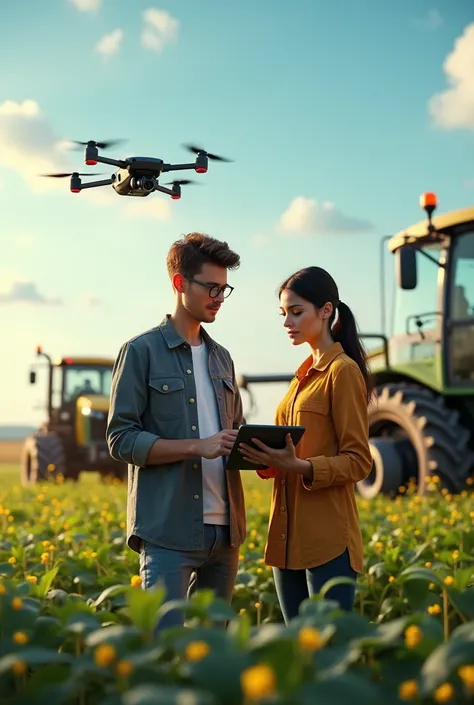 A young man and a beautiful woman are practicing smart agriculture。In the background there is a tractor and a harvester、The drone is operational。A young man uses cultivation data to study future crop growth.。