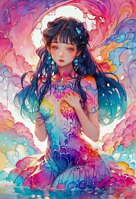 beautiful girl, covered in vibrant colorful gradient body paint, and colorful gradient hair, blending seamlessly from one color to another in mesmerizing patterns, shy face, fluffy hair, adorable figure, coquettish atmosphere, middle breasts, water color i...