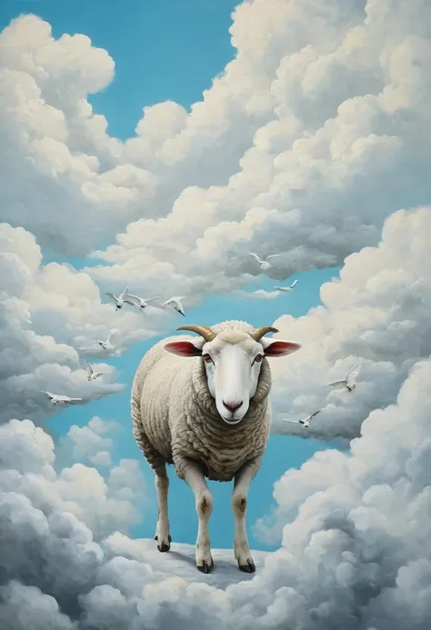 Magical Painting, Surrealism, chaos、Avant-garde, Abstraction, Optical illusion, Optical Effects in Painting, Mix and match styles, Hidden Meaning, Oil painting、(Flock of sheep on white clouds:1.8)、Masterpiece、Highest quality、Qualification for first-class h...