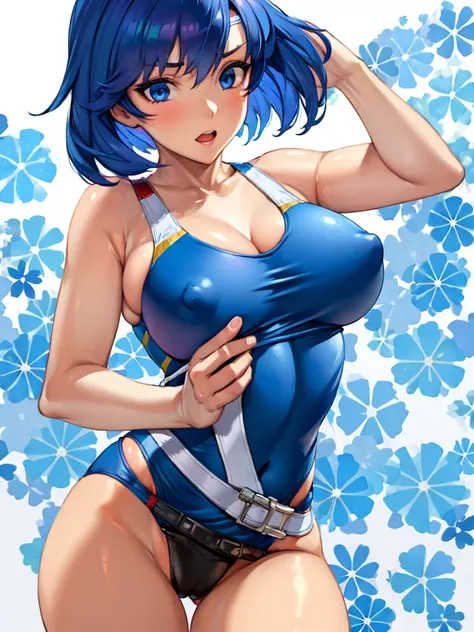  (White background, 1girl:1.4), BREAK,Blue short Hair, blue eyes,Narrow waist,voluptuous Breasts,(one-piece competitive swimwear,one-piece competition swimsuit:1.6), blush,Open your mouth,(covered nipples:1.2)