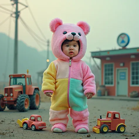 full body photo taken in 8K, little child wearing a big cute full head big pastelle pink bear masquerade mask with a pink yellow turqois jumpsuit on,Large belly, fatter, In post-apocalyptic rural Korea, at an out-of-service gas station, misty, atmospheric ...