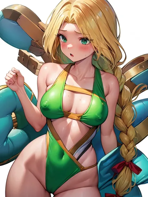  (White background, 1girl:1.4), BREAK,
Long Single braid, blonde hair, Green Eyes,Narrow waist,voluptuous Breasts,(one-piece competitive swimwear,one-piece competition swimsuit:1.6), blush,Open your mouth,(covered nipples:1.2)