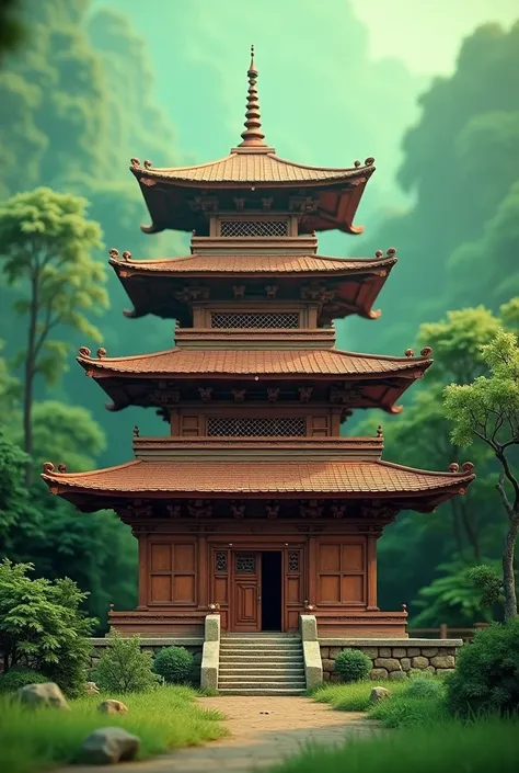 Nepali style 2 step pagoda temple, straight borders, lattice ventilation in the middle of each step, green background, 