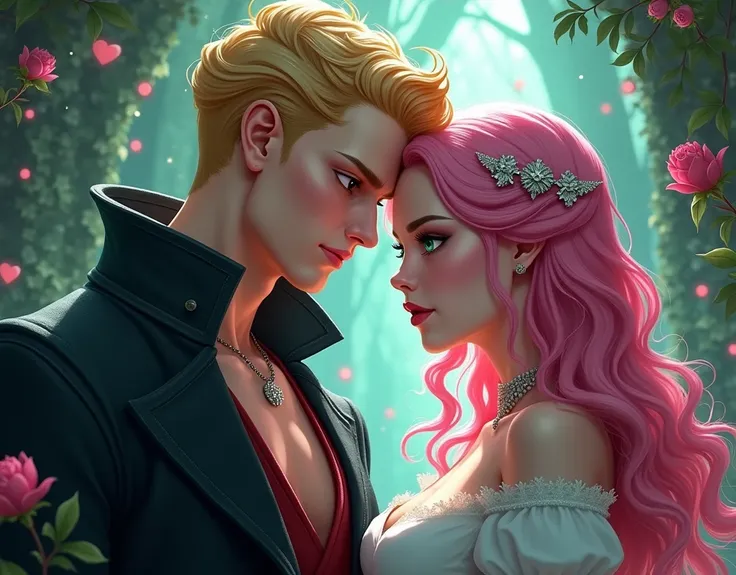 create for me an image of characters from the book The Ballad of Happily Ever After by Stephanie Garber, bring fanart traits, Jack is the prince of hearts who is a villain, bring that air of a traitor to it, Jacks has blonde hair and gray blue eyes., Evang...