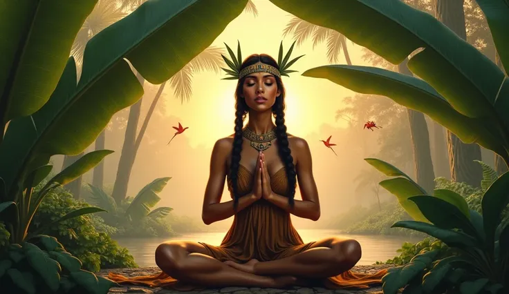 Under a beautiful banana leaf that does not rain on her head

A beautiful brunette lady from an American Indian with brown braided hair on both sides،AmericanIndian dress، headband with leaves and animal tails d meditation position  hands pray.relax eye se...