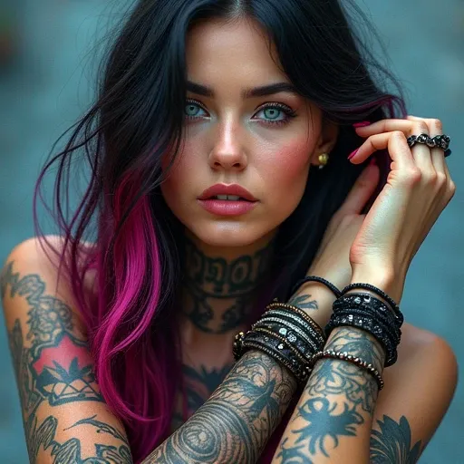 Photo full image in 8HD realistic effect surreal effect of a beautiful woman with raven black hair with fuchsia highlights in front of her eyes with bracelets on her arms and tattoos, with ice blue eyes, 