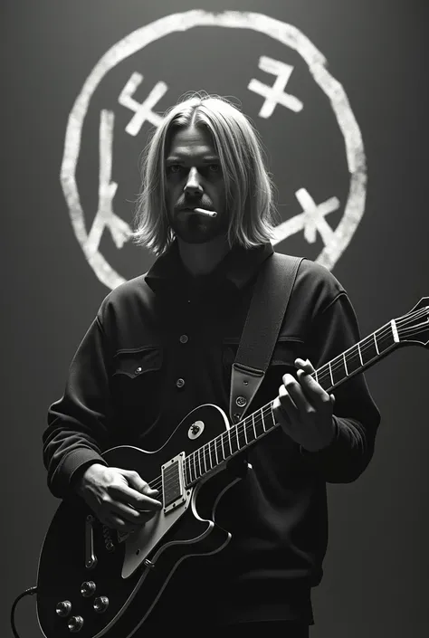 Best quality, masterpiece, super high resolution, Kurt Cobain, the vocalist of Nirvana, is shown playing guitar and smoking. Behind him is the Nirvana band emblem, with the entire image dominated by shades of gray.