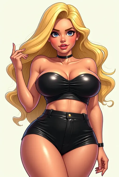 /imagine a curvy woman in a black strapless leather top and short leather shorts,blonde,cartoon


