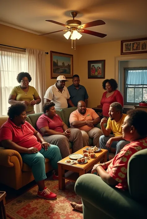 Several fat black men and women in the living room of a house, como em um filme de Eddie murphy