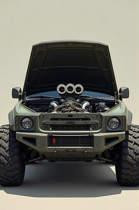 Make me a warthog Front view with the hood open showing a v8 engine