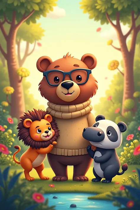 Lion, panda, cute grozzly bear with specs and a cute hippo friends