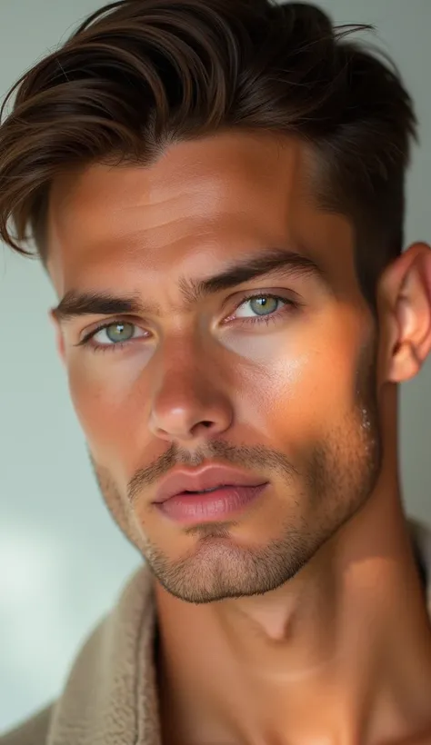 Hot and young handsome man, glowing face, make up advertising concept