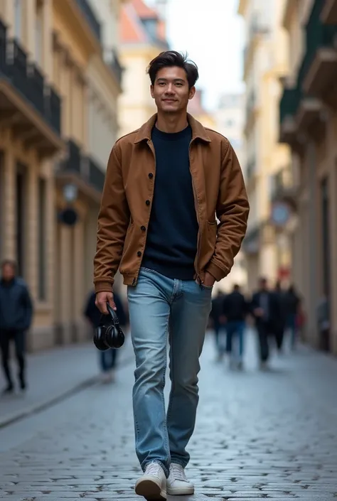 A Asian man with short brown hair is wearing a brown jacket over a dark blue sweater and light blue jeans. He is wearing white sneakers and holding a pair of black headphones. He is walking down a cobblestone street in a European city. The building behind ...