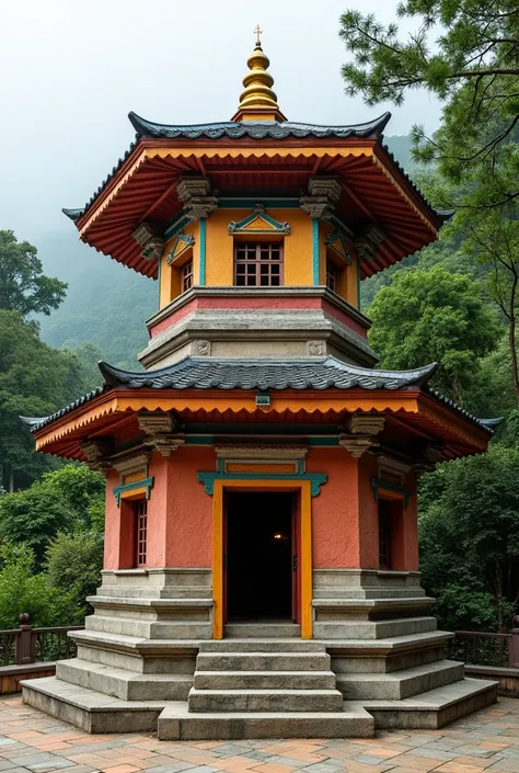 Nepali style 2 step pagoda temple, straight borders, square lattice ventilation in the middle of each step, greenery background, simple concrete design, mixed colors red, yellow, maroon & golden at top