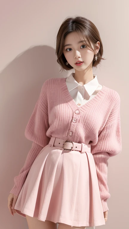 Half pink color skirt，Wearing a belt，