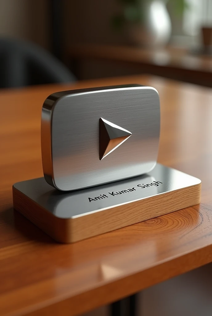 Silver play button realistic photo in table
with name amit kumar singh 