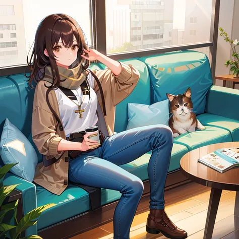 bell, Japanese cartoon, brown hair, Medium breasts, Brown eyes, A faint smile, jeans, scarf, gray sweatshirt, Blue pants, sitting, Cross-legged, Wisdom inside, sitting on the couch, Shino Asada&#39;s face, Japanese cartoon Sword Art Online, best quality