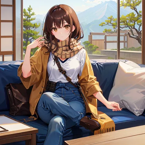 bell, Japanese cartoon, brown hair, Medium breasts, Brown eyes, A faint smile, jeans, scarf, gray sweatshirt, Blue pants, sitting, Cross-legged, Wisdom inside, sitting on the couch, Shino Asada&#39;s face, Japanese cartoon Sword Art Online, best quality