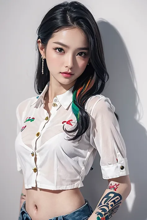 Top quality, RAW Photo, Highest Quality Image, 16K, Full body, Age 22, Realistic, Photorealistic,  Beautiful Asian woman, Sexy, body, White pale skin, ((( Beautiful Girl with graphics Tattoo on tummy))),  detailed tattoo, ((( Multicolor Hair ))), Wavy hair...