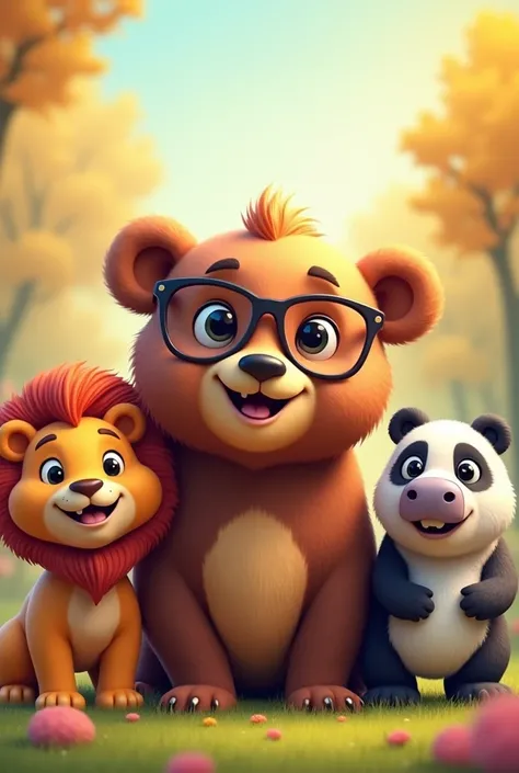 Lion, panda, cute grizzly bear with specs  and a cute hippo friends