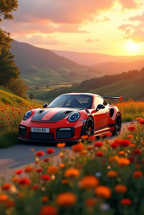 A Porsche gt3 rs driving through a beautiful landscape with lots of flowers and the sun setting in the background 