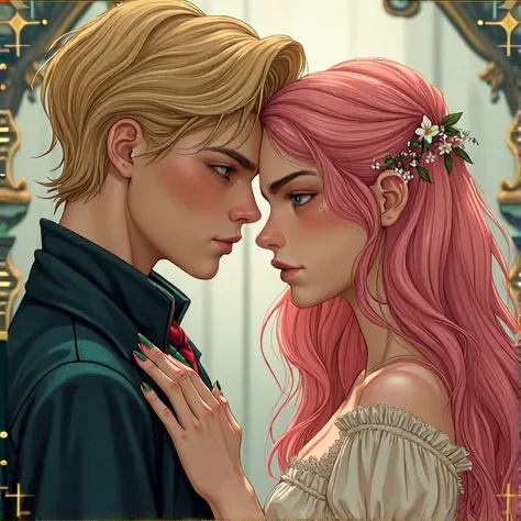 create for me an image of characters from the book The Ballad of Happily Ever After by Stephanie Garber, bring fanart traits, Jack is the prince of hearts who is a villain, bring that air of a traitor to it, Jacks has blonde hair and gray blue eyes., Evang...