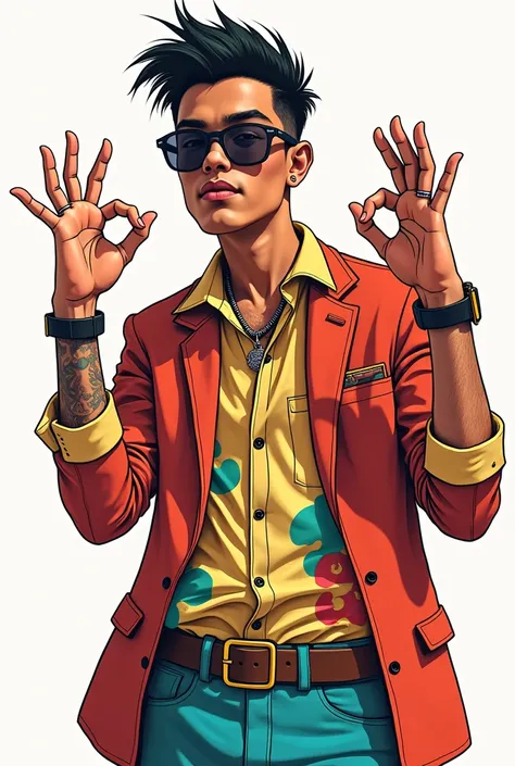  A illustration of a  man wearing funky clothes with both hands raising in the air with middle and ring fingers folded down and thumb little finger  and index finger open open making a sign.