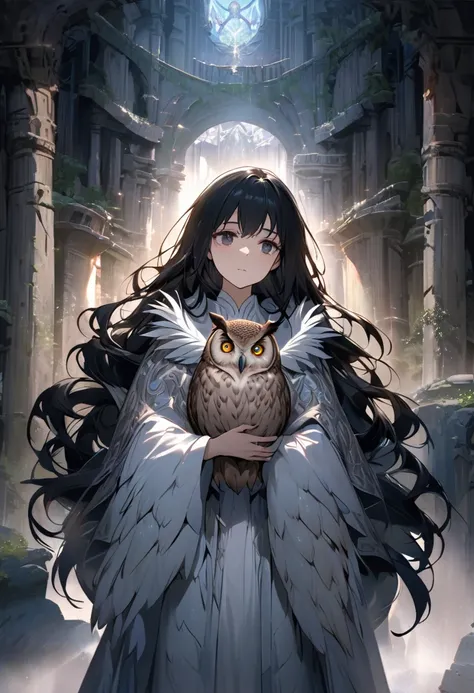 A young woman with long hair, wavy, black hair stands in a mystical, slightly foggy surroundings. She wears a black, artfully designed robe with feather-like details on the shoulders. Her facial expression is calm and thoughtful, while holding a majestic o...