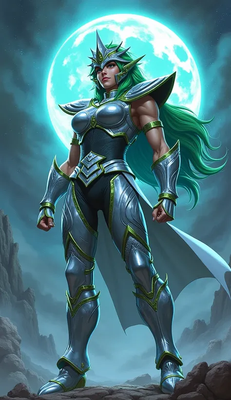 Shaina de Ofiúco:
"Create an image of Shaina, the Ophiuchus Silver Saint from Saint Seiya. She wears her silver Ophiuchus Cloth armor, with snake motifs wrapped around her arms and legs. Her long green hair flows beneath her helmet, which covers most of he...