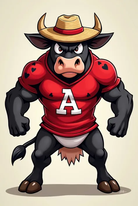 A cow with an angry face, It needs to look like an athletic mascot.. that instead of black spots there are red spots in the shape of a heart. além disso, she needs to be wearing a red t-shirt with a "a" patterned, and be wearing a straw hat (like those use...