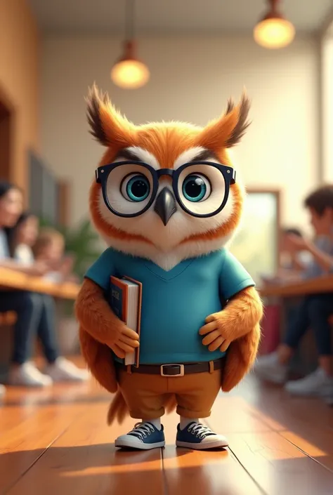 Mr. Owl, a very adorable and very cheerful tender owl, with vibrant plumage, wearing glasses, looks up with bright blue eyes that shine with enthusiasm, a symbol of intelligence and wisdom, is located in a modern university covered with polished wooden flo...