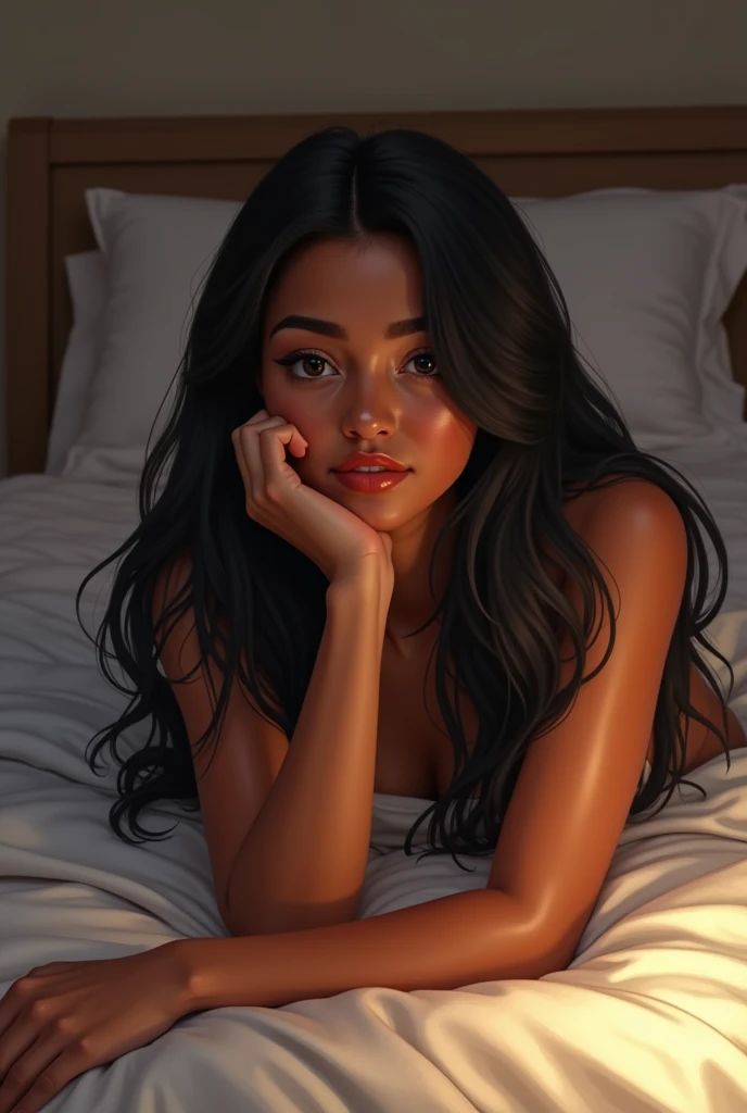 There is a woman lying on a bed with her hand on her chin, 24 years, Brown skin,posing in a bedroom, woman with long brown hair, saw She has black hair, shoulder length hair 